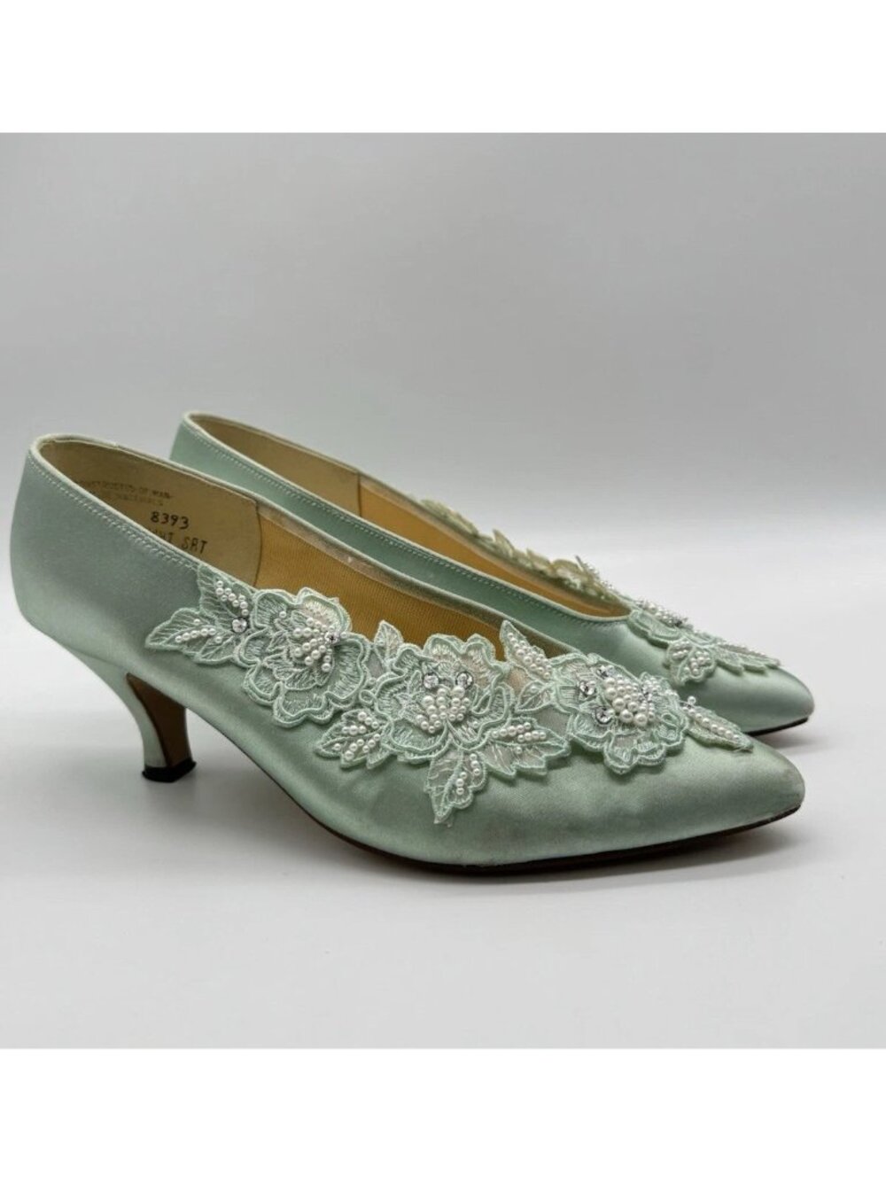 Vintage Wedding Shoes Womens 8 Mint Green Satin Dyeables Juliet Pearl Lace Party